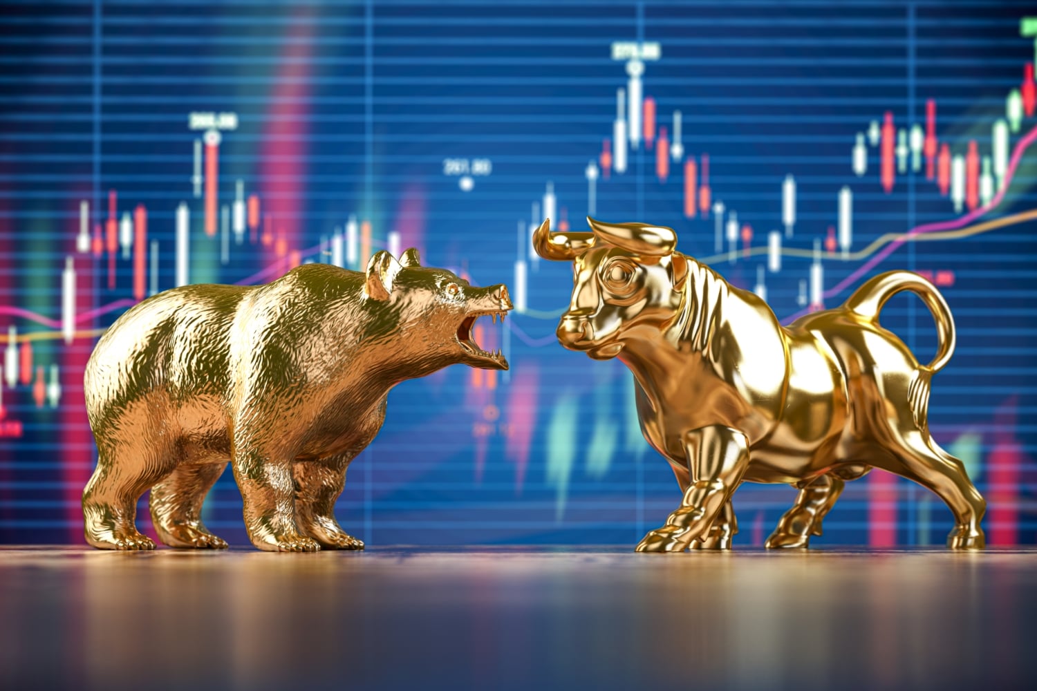 Golden bull and bear facing each other in front of a market chart